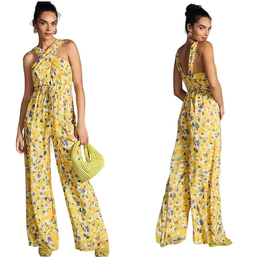 Ieena for Mac Duggal Yellow Crossed Halter Tie Waist Jumpsuit Size 2